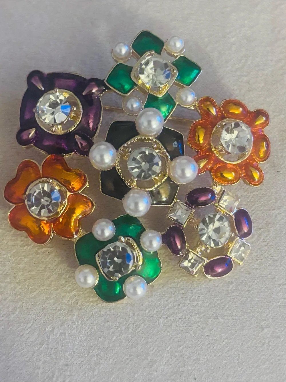 Multicolor Floral Crystal & Pearl Brooch - Green, Orange, Purple Accents